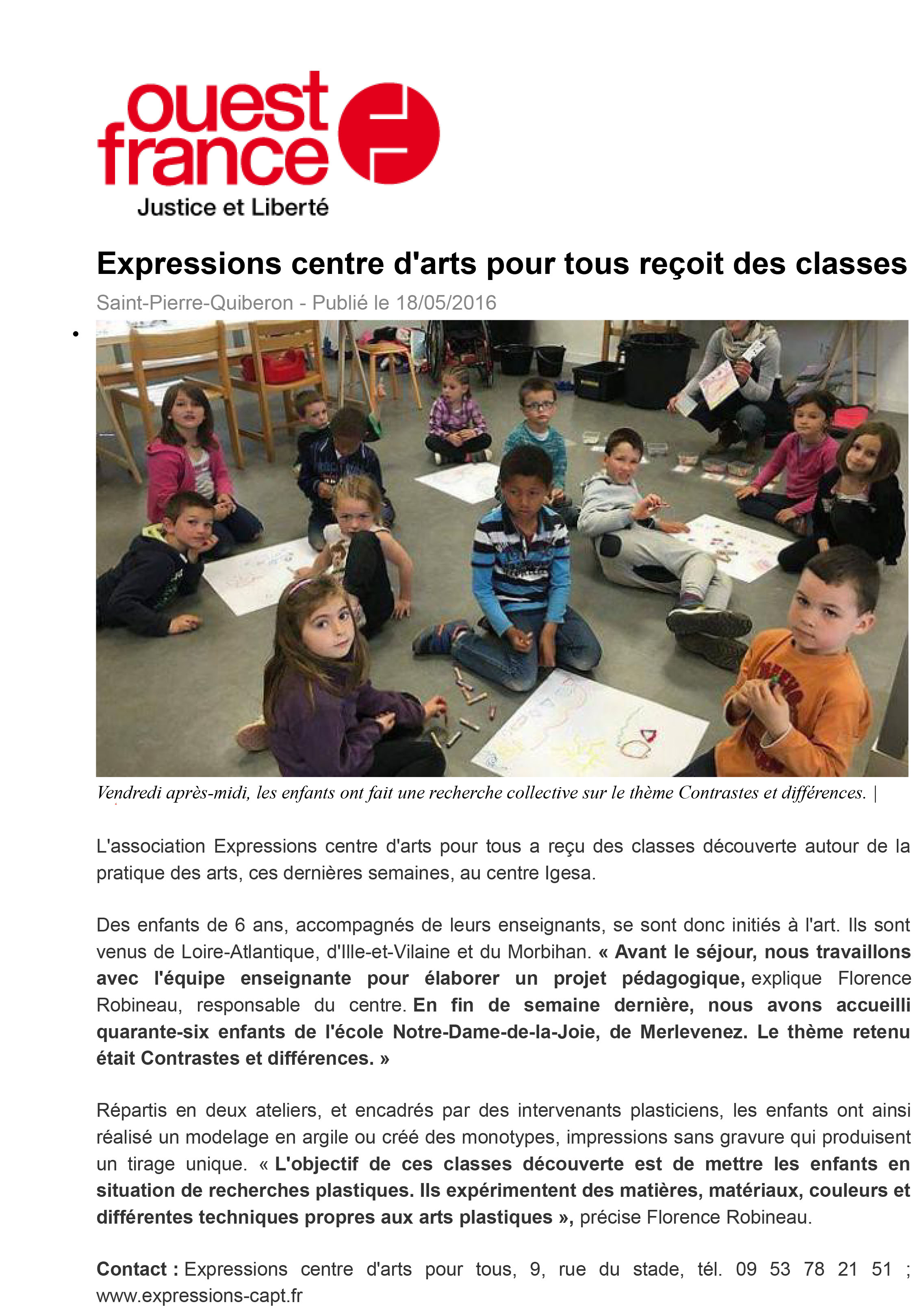 2016 05 18 ouest france classes decouvertes